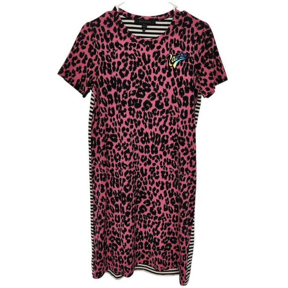 Marc Jacobs Midi Vintage Dress Women's Size XS Pink Leopard Print Back Stripped - Picture 1 of 4